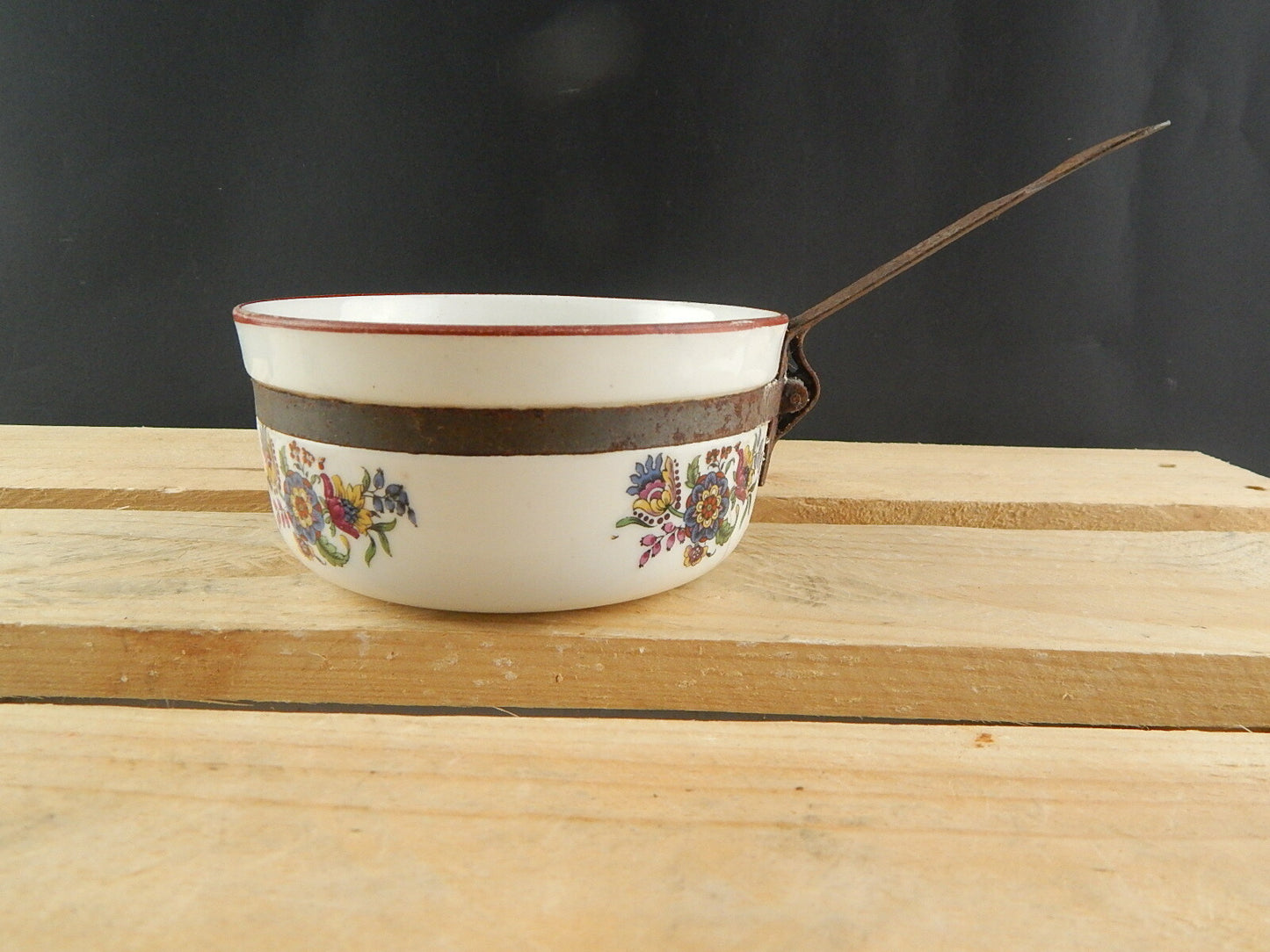 ANTICO INTROVABILE TEGAME PENTOLINO CERAMICA SMALTATA DECORO FLOREALE COLLEZIONE