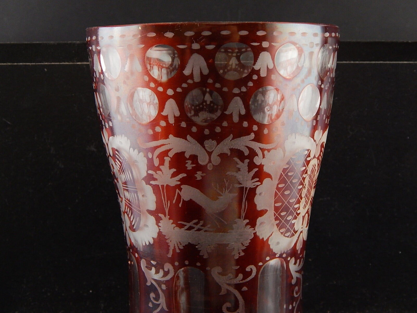 ANTICO PREZIOSO RARO VASO CRISTALLO DI BOEMIA RUBINO INCISO BIEDERMEIER #9347
