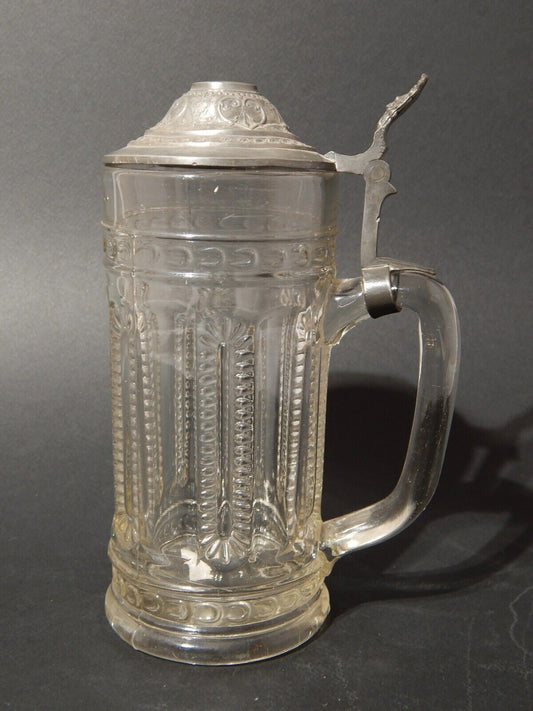 ANTICO BOCCALE BIRRA VETRO PRESSATO CON COPERCHIO PELTRO TEDESCO