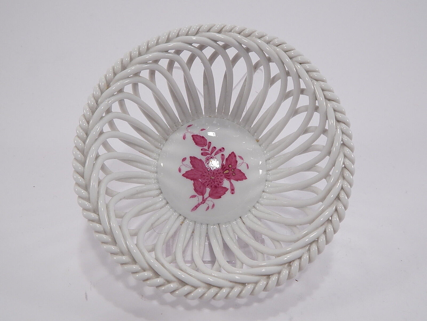 PORCELLANA HEREND ORIGINALE CESTINO TRAFORATO DECORO APPONYI ROSA COLLEZIONE