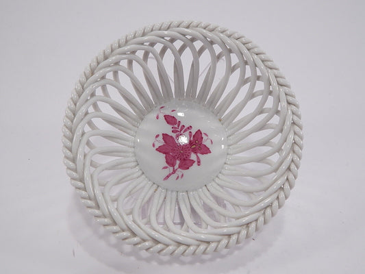 PORCELLANA HEREND ORIGINALE CESTINO TRAFORATO DECORO APPONYI ROSA COLLEZIONE