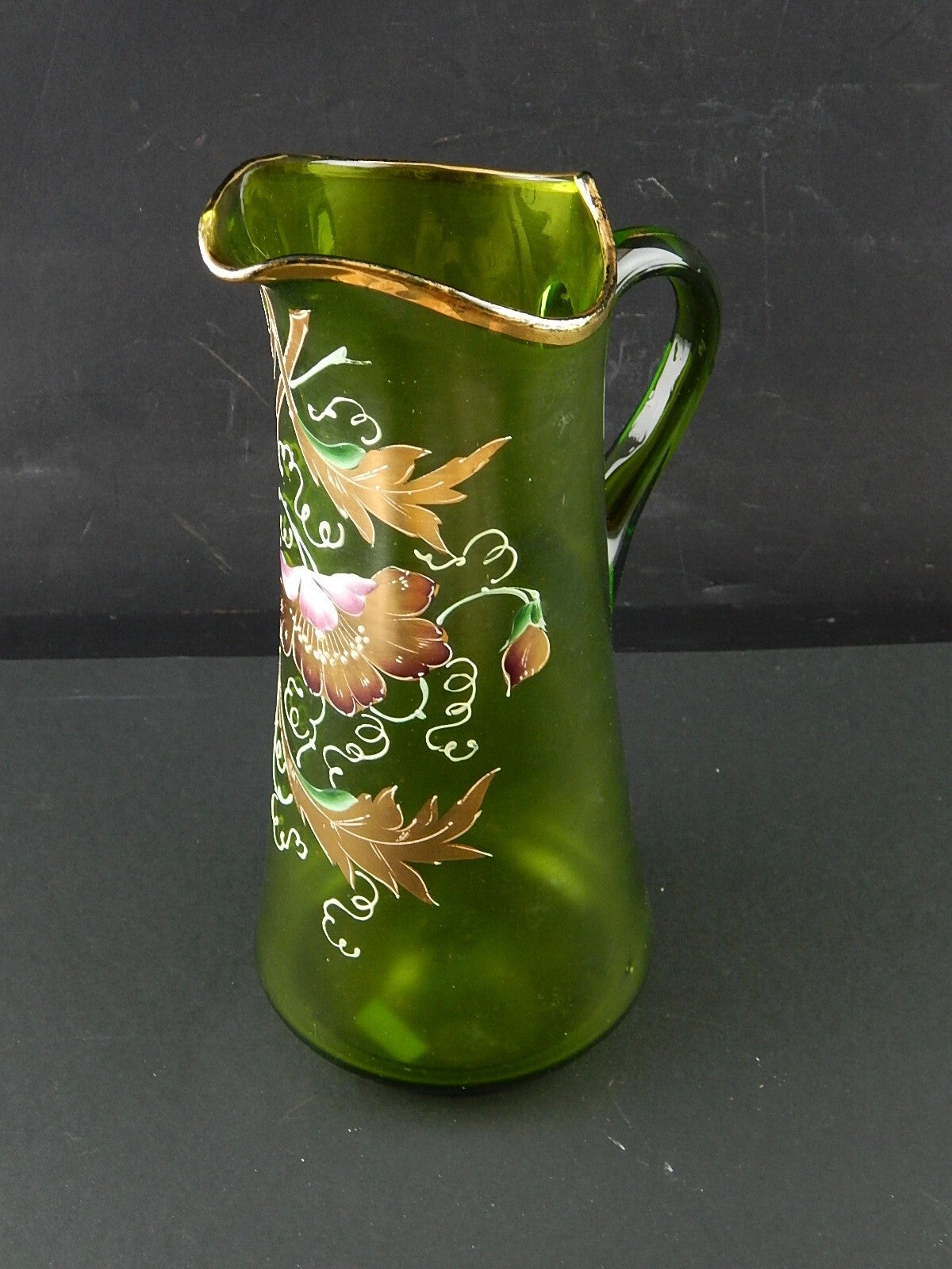 ANTICA PREZIOSA BROCCA CARAFFA VETRO SOFFIATO DI MURANO EPOCA LIBERTY DIPINTA