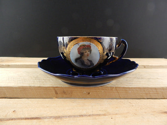 ANTICA PREZIOSA TAZZA PIATTO PORCELLANA ART NOUVEAU BLU COBALTO COLLEZIONE 1900