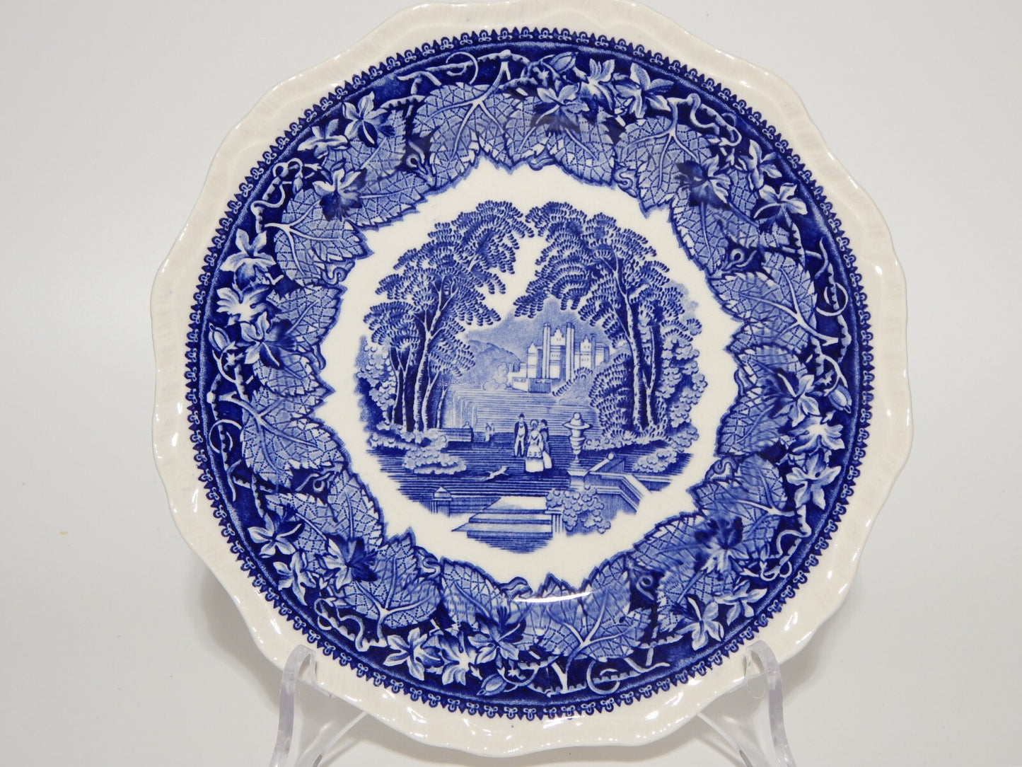 ANTICO PIATTO DESSERT CERAMICA INGLESE MASON’S DECORO VISTA BIANCO BLU CM 20