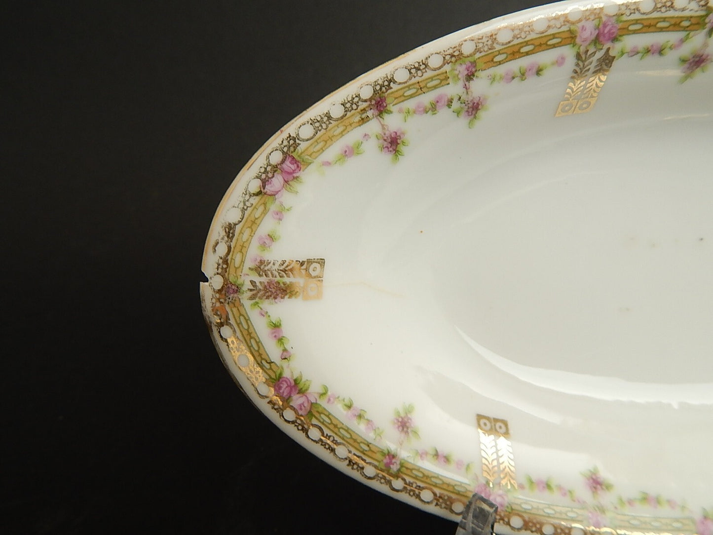 ANTICA RAVIERA VASSOIO PORCELLANA GINORI LIBERTY GHIRLANDE DI ROSE ORO DIFETTO