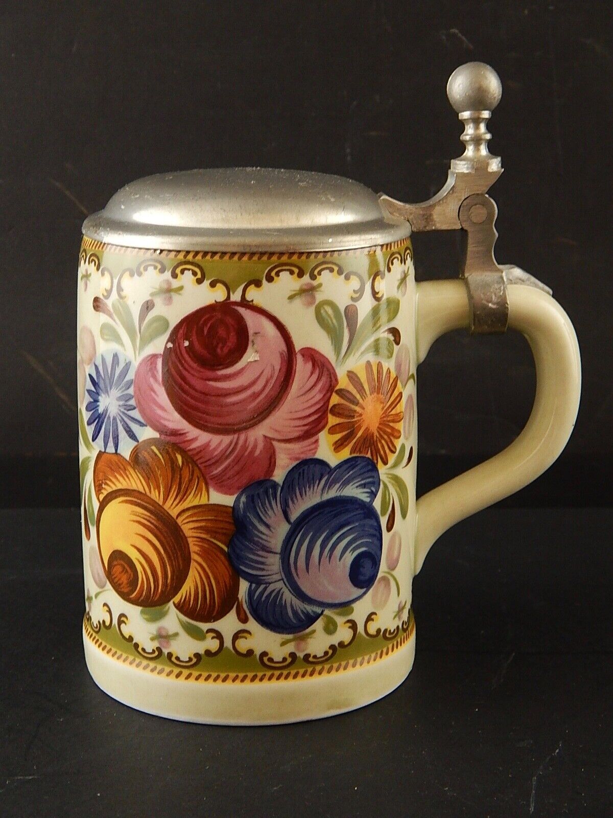 ANTICO COLLEZIONE RARO BOCCALE BIRRA CERAMICA TIRSCHENREUTH BAVARIA DECORO MANO