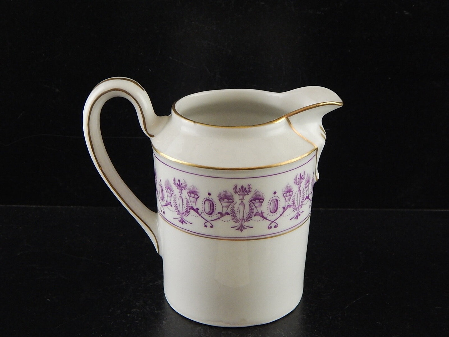 ANTICA PREZIOSA LATTIERA STILE IMPERO IN PORCELLANA BIANCA DECORATA VIOLA E ORO