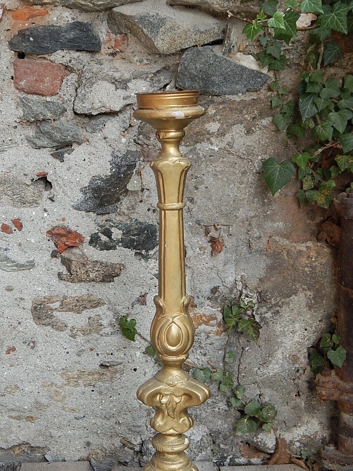 ANTICO ARTE SACRA CANDELABRO CANDELIERE TORCIERA LEGNO SCOLPITO DORATO XIX SEC