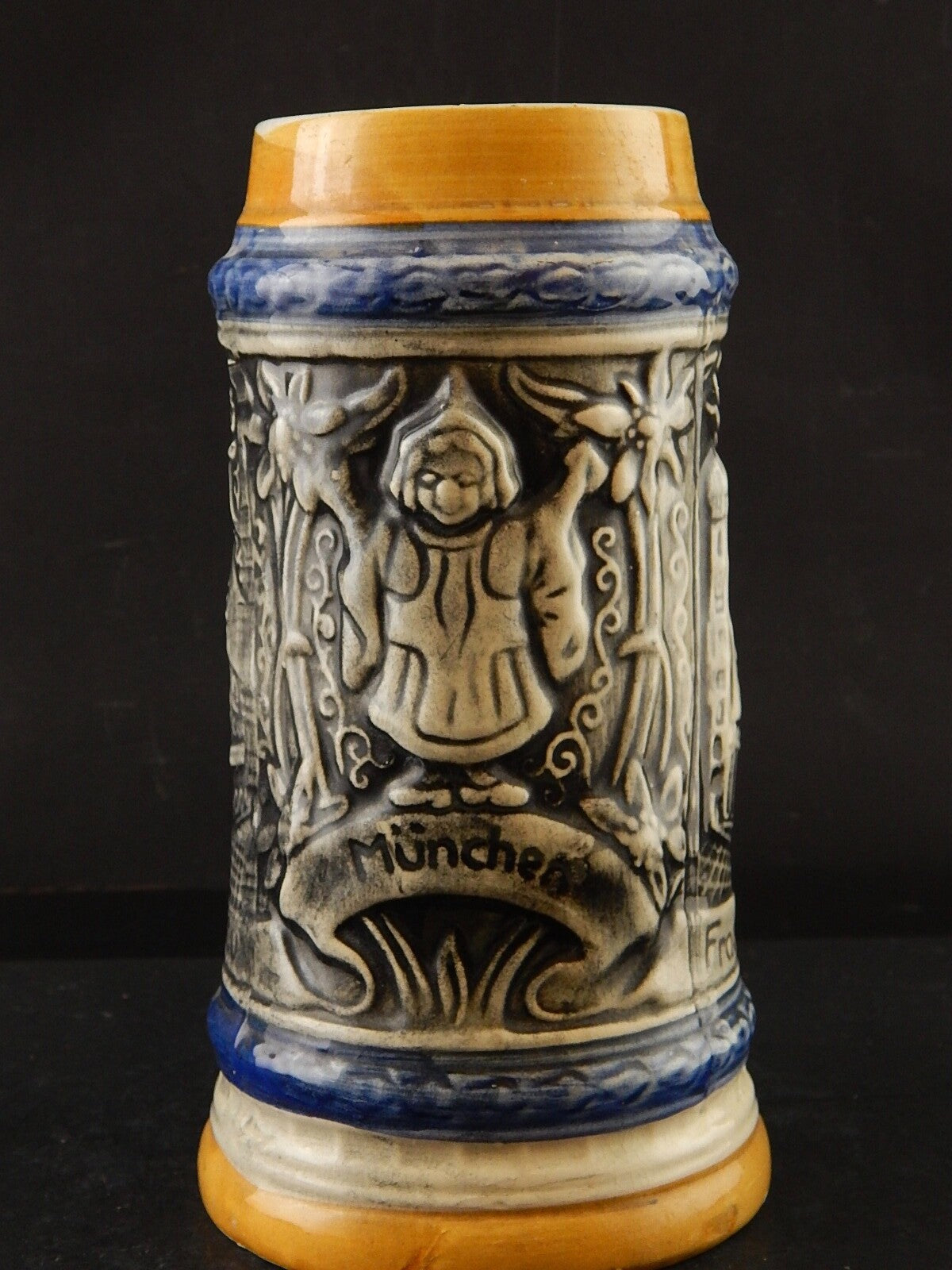 ANTICO AUTENTICO BOCCALE BIRRA MUNCHEN FRAUENKIRCHE CERAMICA TEDESCO COLLEZIONE