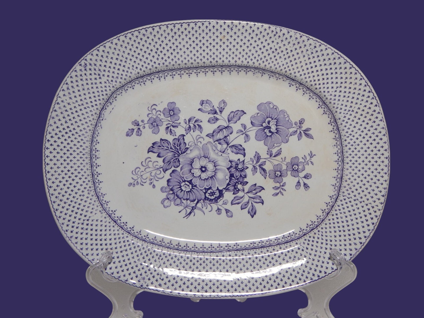 ANTICO RARO VASSOIO CERAMICA STAFFORDSHIRE PRIMAVESI 1860 ERMINE BORDER VIOLA #