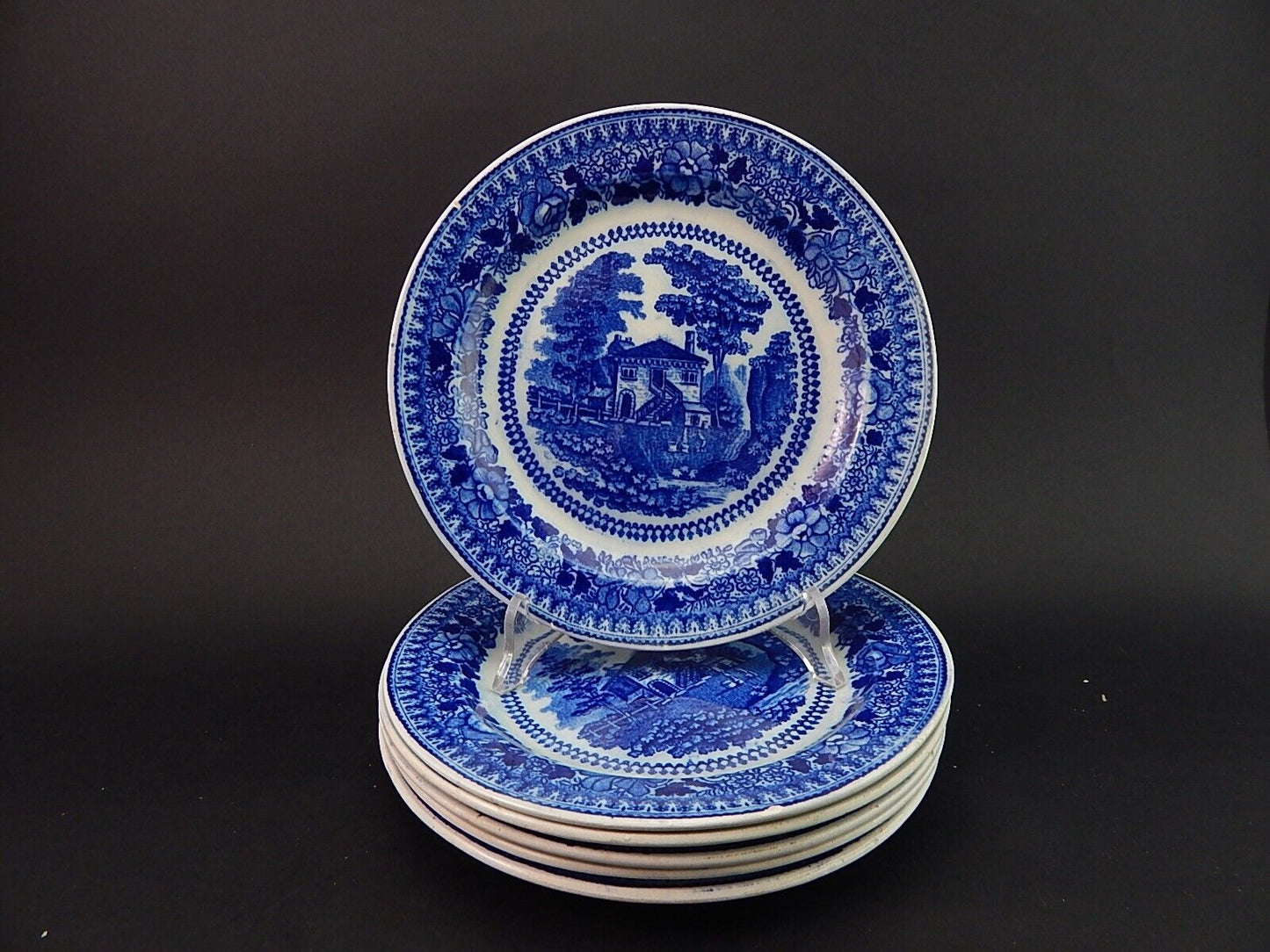 ANTICO RARO SERVIZIO 6 PIATTI DESSERT CERAMICA META' 800 GUSTAVSBERG BIANCO BLU