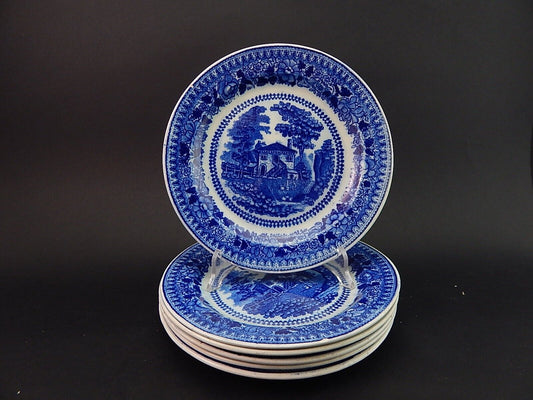 ANTICO RARO SERVIZIO 6 PIATTI DESSERT CERAMICA META' 800 GUSTAVSBERG BIANCO BLU
