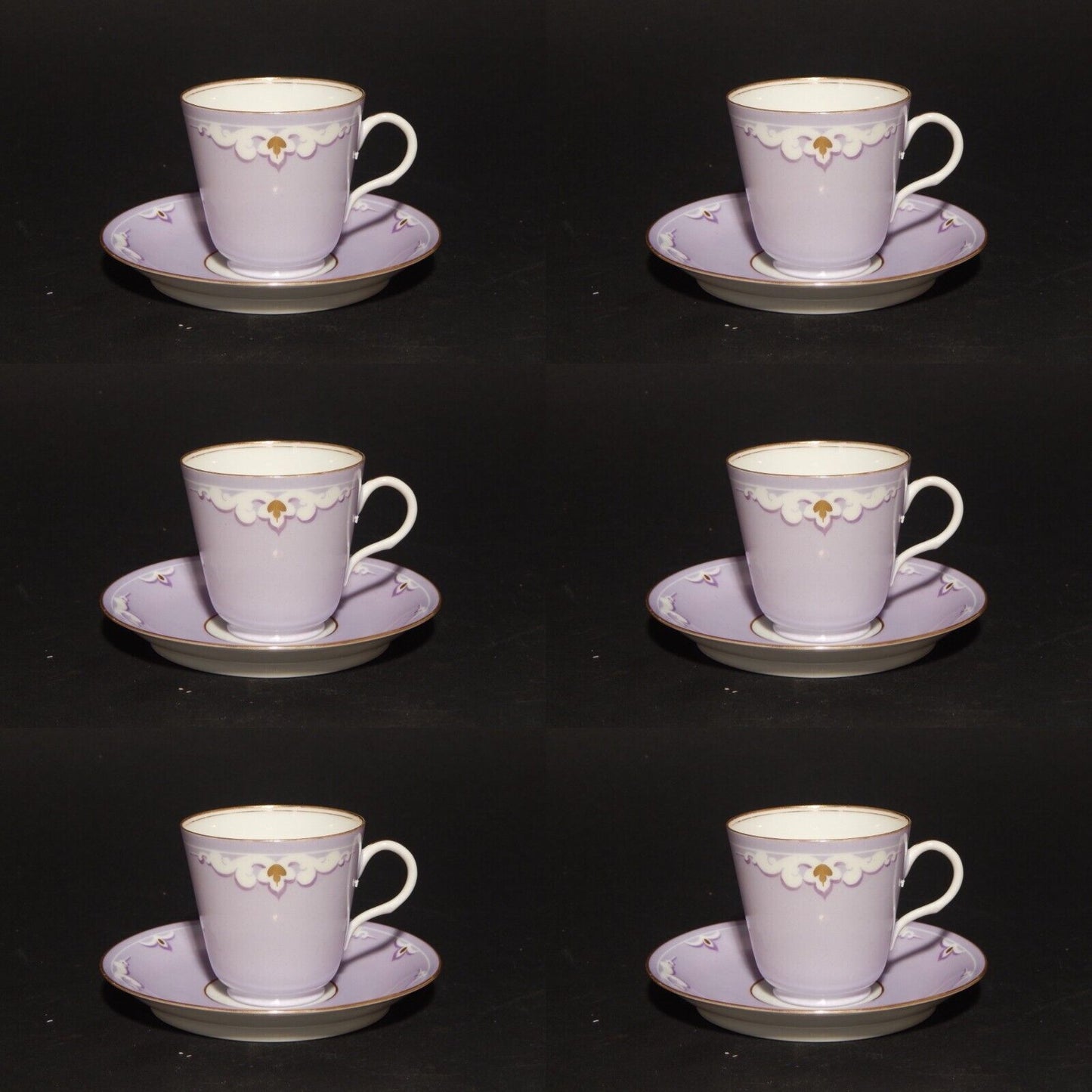 ANTICO RARO LIBERTY SERVIZIO 6 TAZZINE CAFFE' FINISSIMA PORCELLANA VIOLA LILLA