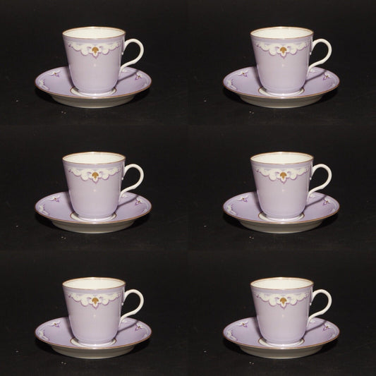 ANTICO RARO LIBERTY SERVIZIO 6 TAZZINE CAFFE' FINISSIMA PORCELLANA VIOLA LILLA