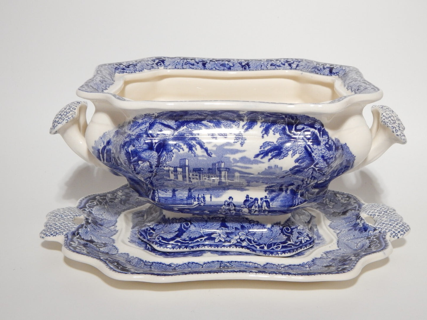 ANTICO CENTROTAVOLA FRUTTIERA CERAMICA INGLESE MASON’S DECORO VISTA BIANCO BLU