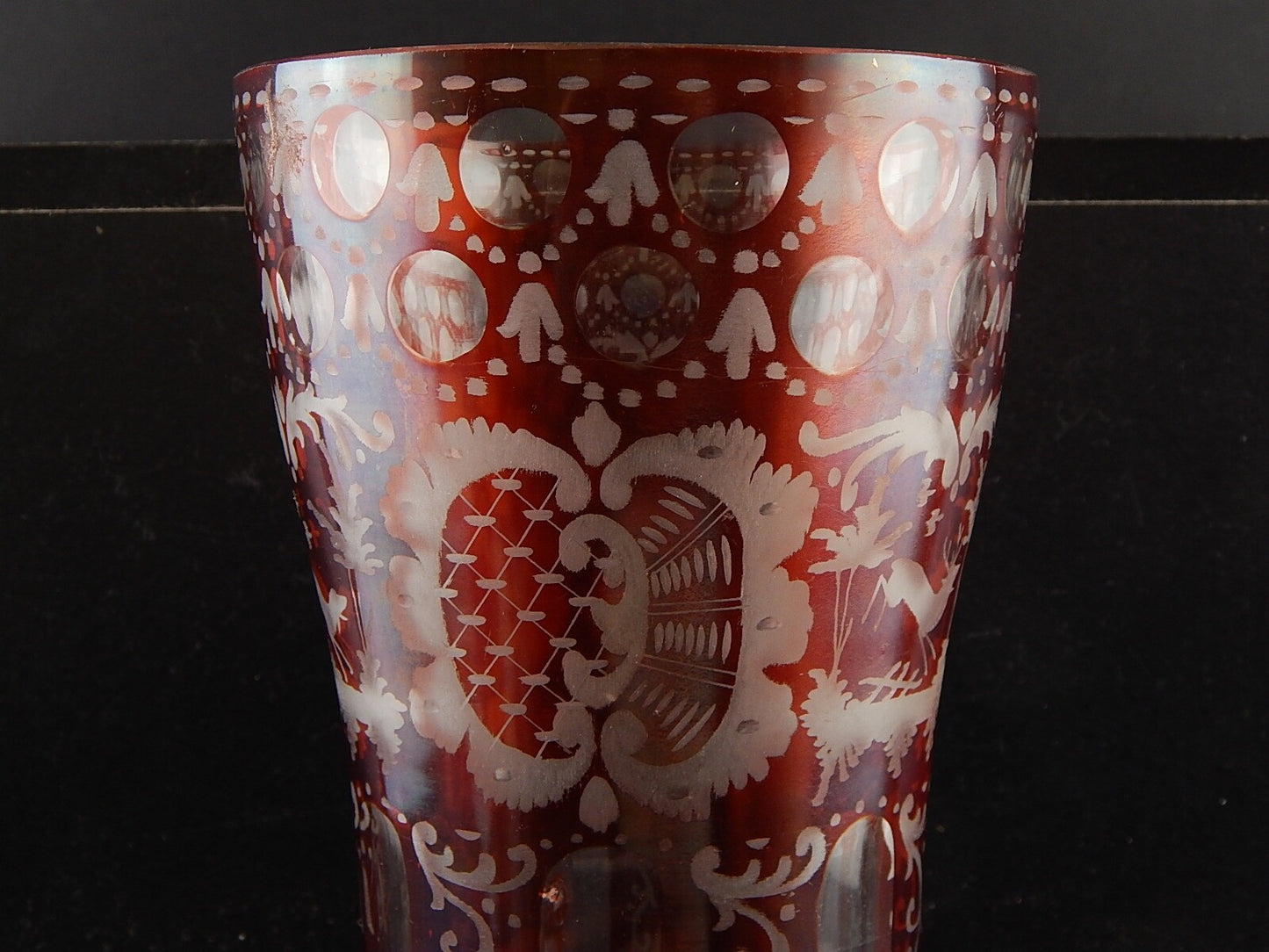 ANTICO PREZIOSO RARO VASO CRISTALLO DI BOEMIA RUBINO INCISO BIEDERMEIER #9347