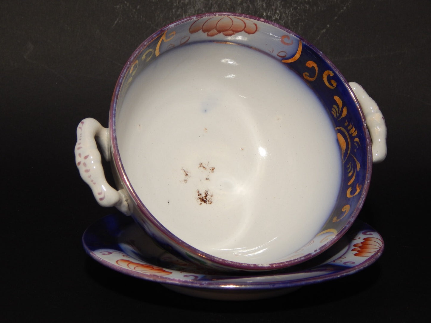 ANTICA RARA CERAMICA POTTERY STAFFORDSHIRE TAZZA PUERPERA BRODO DECORO POLICROMO