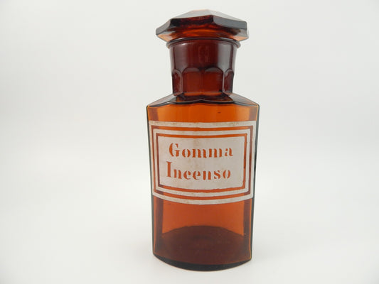 ANTICA BOTTIGLIA VETRO SOFFIATO FARMACIA COLOR AMBRA ETICHETTA GOMMA INCENSO