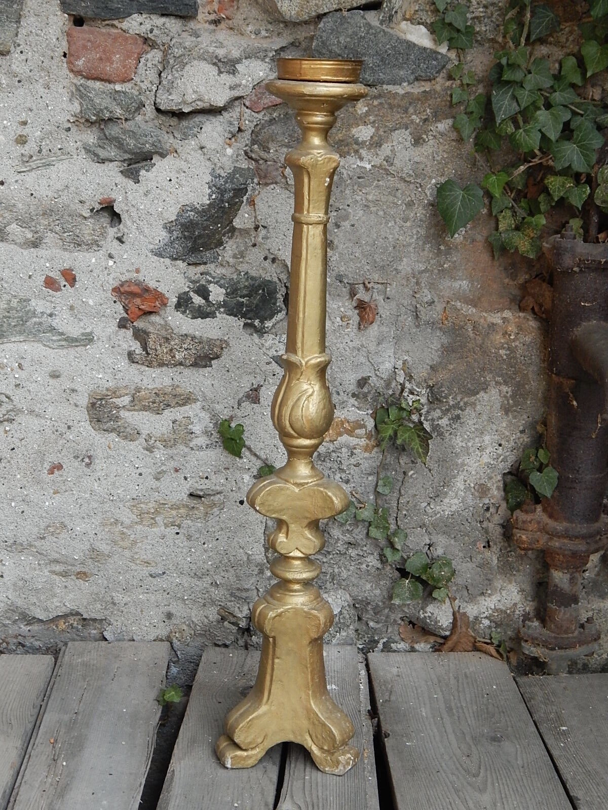 ANTICO ARTE SACRA CANDELABRO CANDELIERE TORCIERA LEGNO SCOLPITO DORATO XIX SEC.