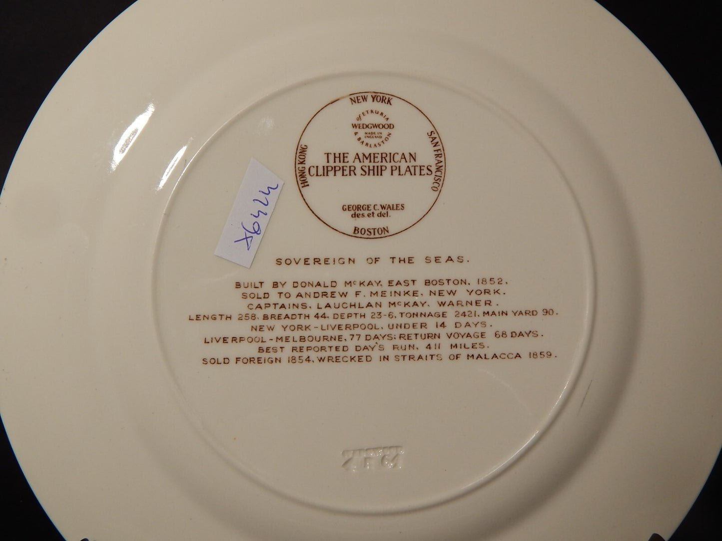 PIATTO PORCELLANA WEDGWOOD AMERICAN CLIPPER SHIP PLATES SOVEREIGN OF THE SEAS