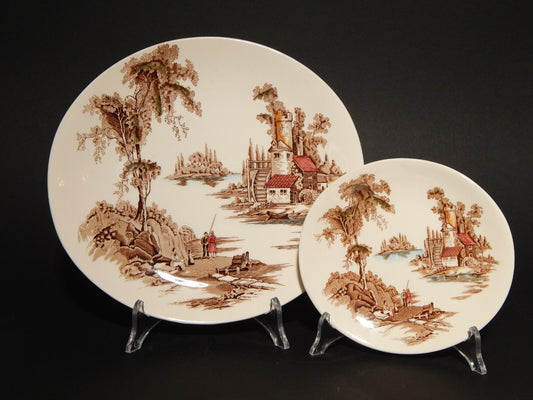 VINTAGE SET DESSERT 7 PIATTI PORCELLANA JOHNSON BROS THE OLD MILL INCISIONE MANO
