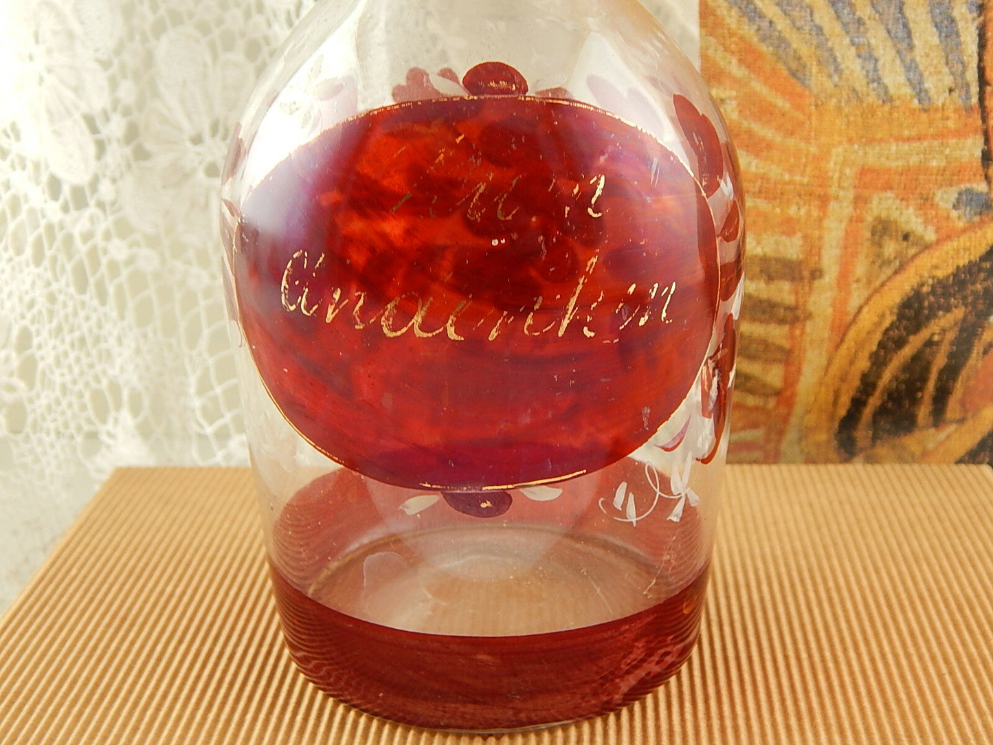 ANTICA RARA BOTTIGLIA VETRO SOFFIATO BOEMIA BIEDERMEIER DIPINTA IN ROSSO RUBINO