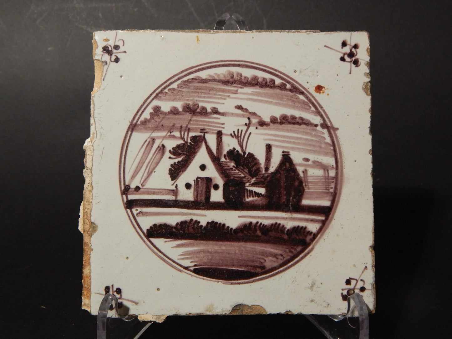 ANTICA PIASTRELLA MATTONELLA CERAMICA DELFT DEL 1700 DECORO AL MANGANESE (484)