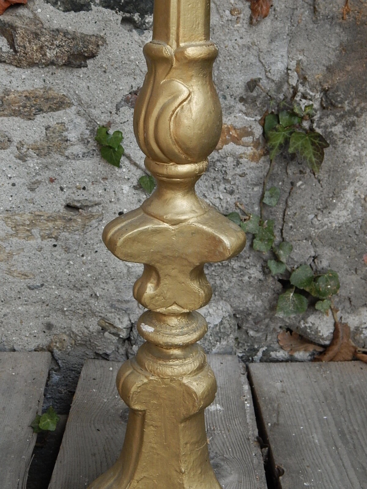 ANTICO ARTE SACRA CANDELABRO CANDELIERE TORCIERA LEGNO SCOLPITO DORATO XIX SEC