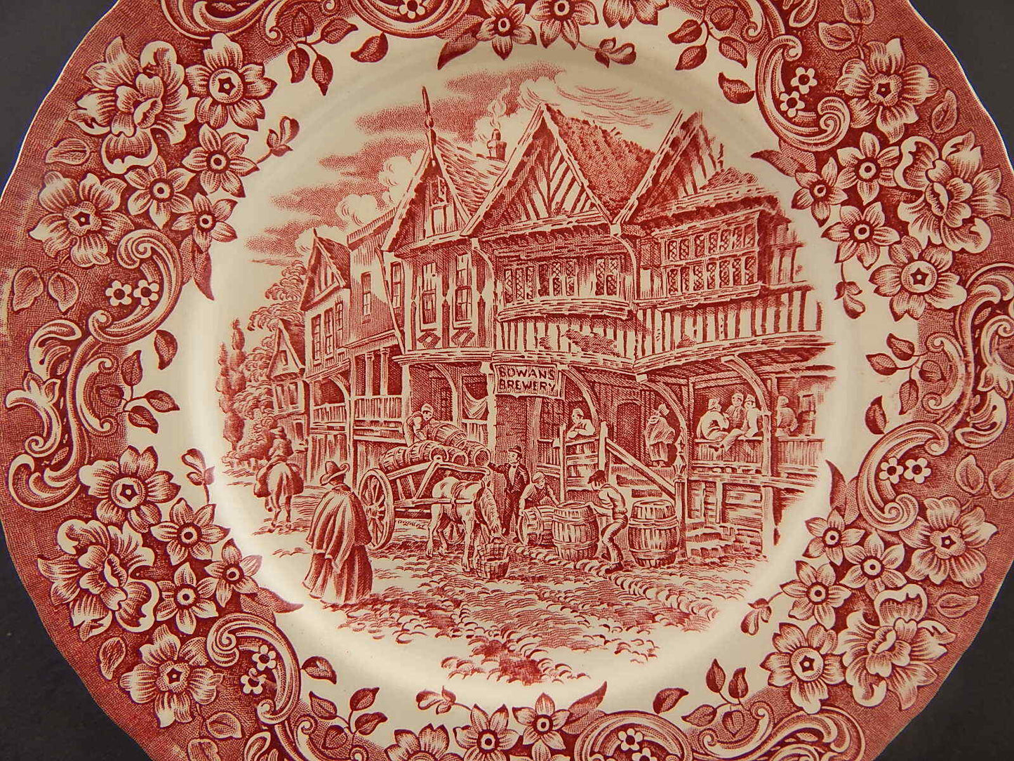 CERAMICA VINTAGE PIATTO ROYAL TUDOR STAMPATO A MANO DA MELLOR BIANCO-ROSSO