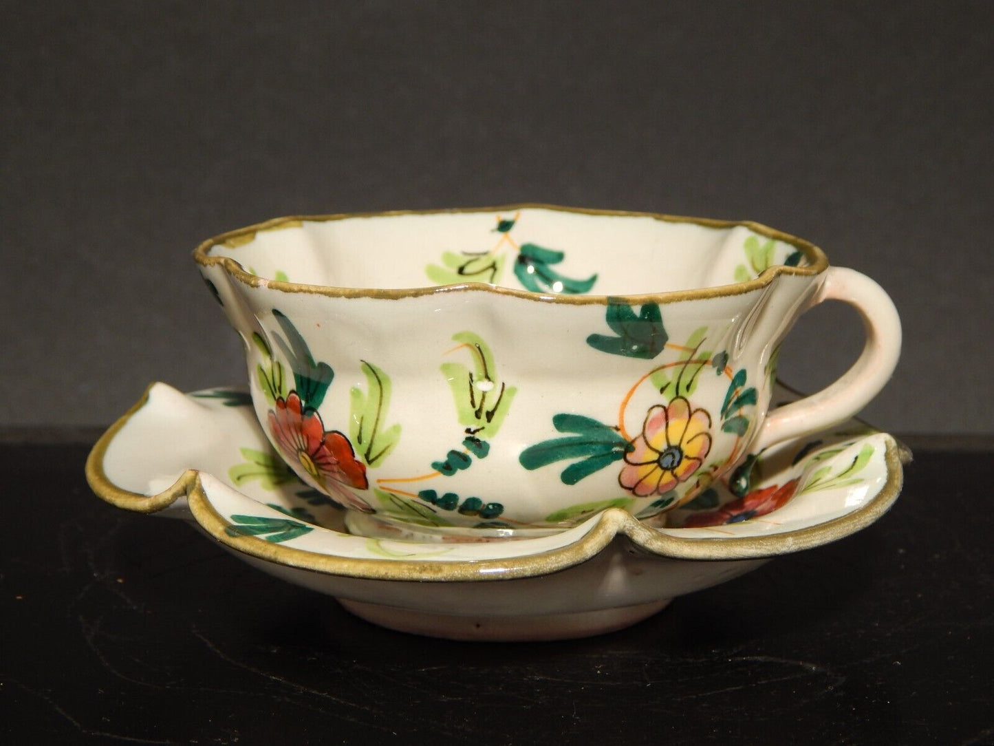 ANTICA RARA TAZZA E PIATTINO IN MAIOLICA CERAMICA CANTAGALLI FIRENZE ITALY #1346