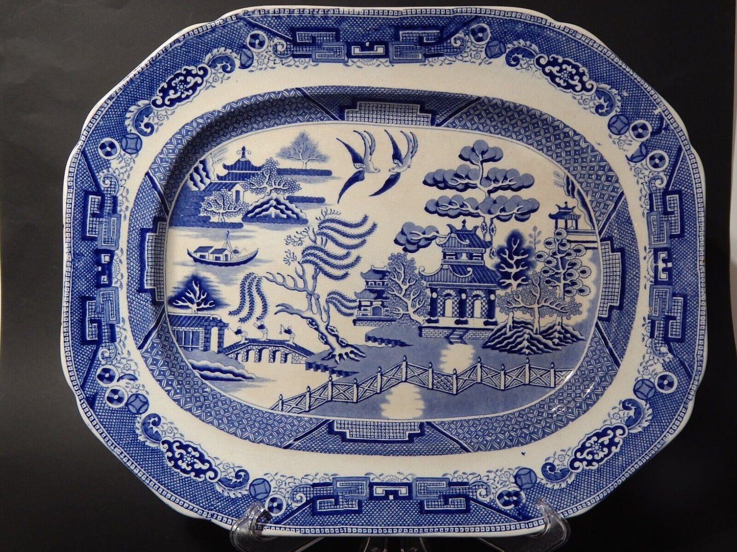 ANTICO VASSOIO CERAMICA TRANSFERWARE WILLOW BLU META' 800 IMPROVED STONE WARE