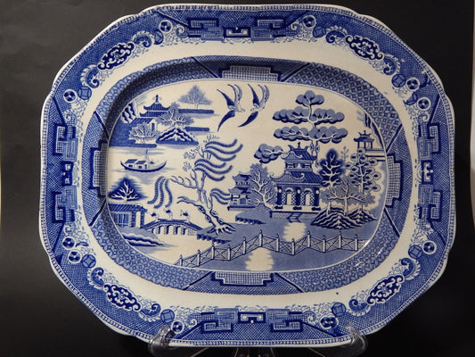ANTICO VASSOIO CERAMICA TRANSFERWARE WILLOW BLU META' 800 IMPROVED STONE WARE