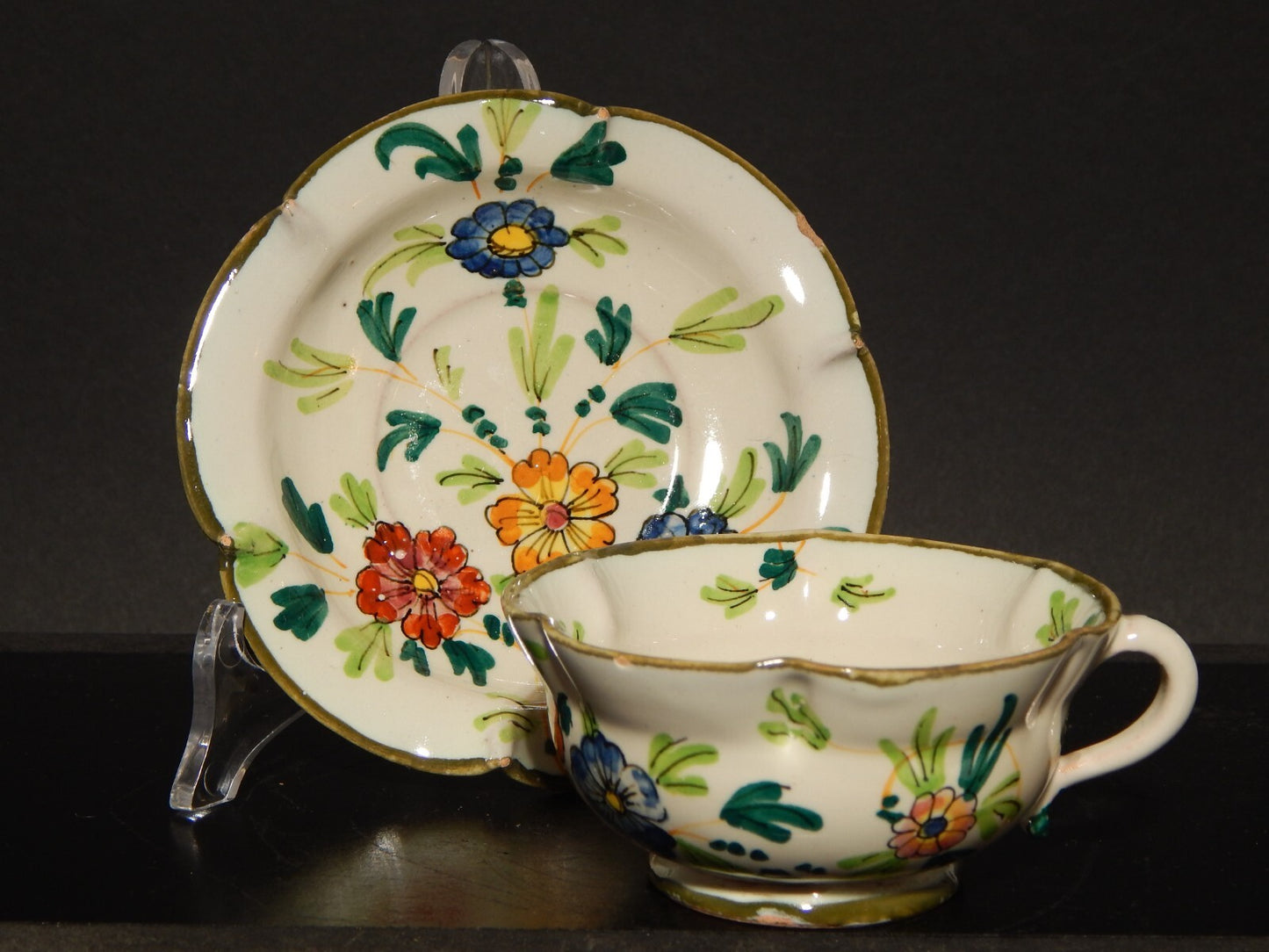 ANTICA RARA TAZZA E PIATTINO IN MAIOLICA CERAMICA CANTAGALLI FIRENZE ITALY #1345