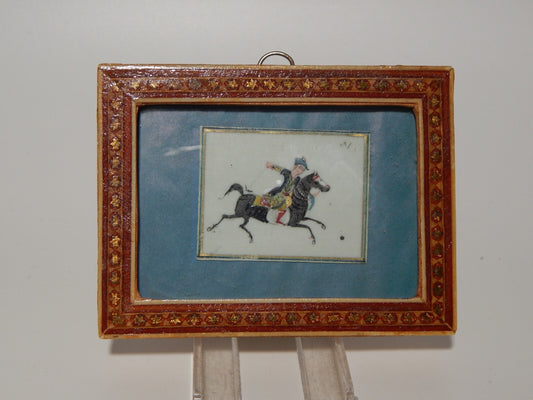 VINTAGE MINIATURA DI ISFAFAN SU OSSO CON CORNICE LEGNO GIOCATORE DI POLO
