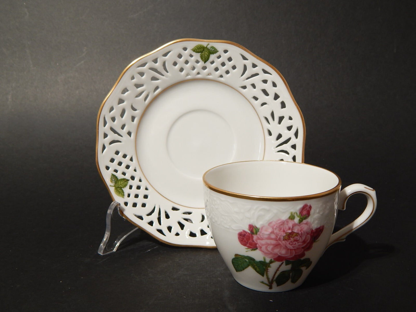 TRIO TAZZA PORCELLANA SCHUMANN BAVARIA PIERRE JOSEPH REDOUTE' ROSA GALLICA