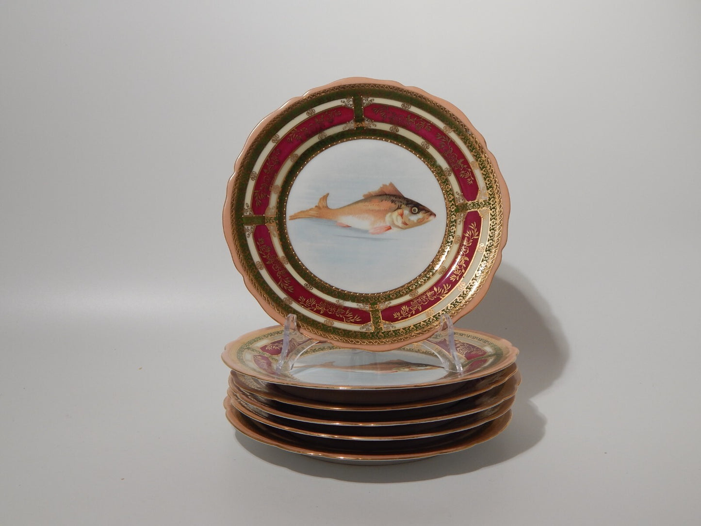 ANTICO IMPORTANTE SET 6 PIATTI PESCE STILE PORCELLANA IMPERIALE VIENNA AUSTRIA