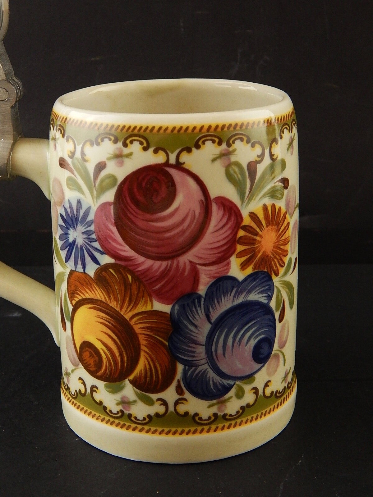 ANTICO COLLEZIONE RARO BOCCALE BIRRA CERAMICA TIRSCHENREUTH BAVARIA DECORO MANO