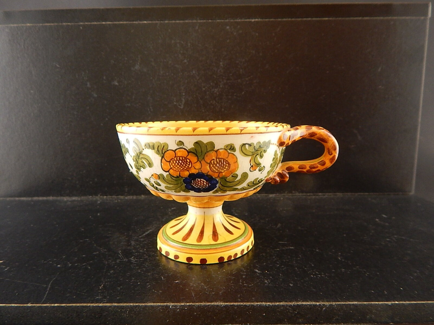 ANTICA TAZZA MAIOLICA CERAMICA POLICROMA FANTECHI ANSA A SERPE PRIMO 900 #8907