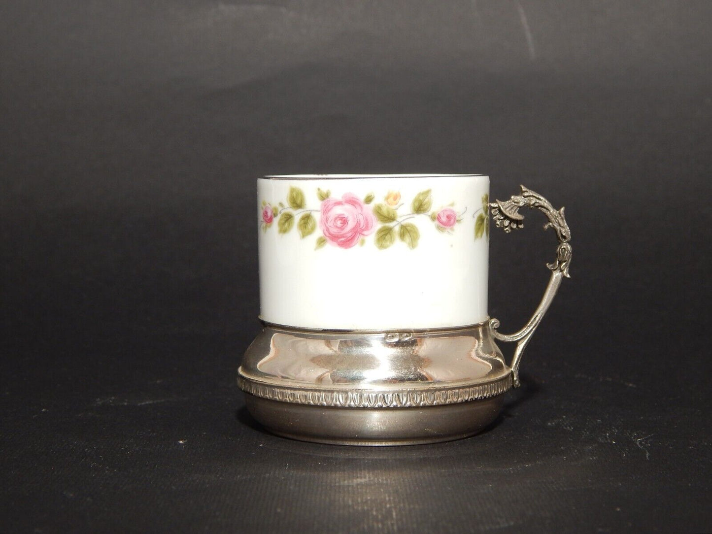 PREZIOSA TAZZINA PORCELLANA KRONESTER BAVARIA DIPINTA CON REGGITAZZA ARGENTO 800