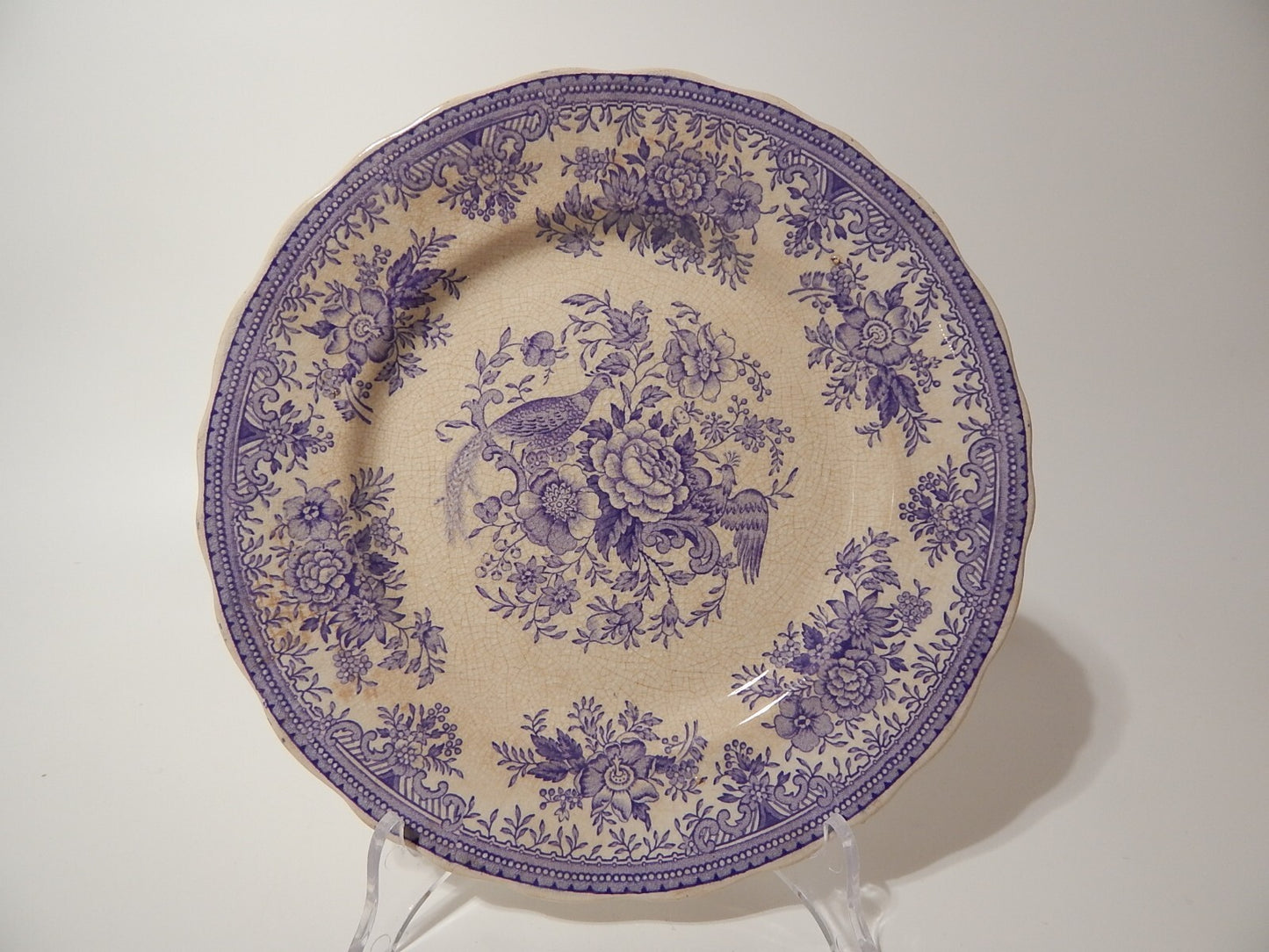 ANTICO RARO PIATTO CERAMICA RORSTRAND DISEGNO ASIATIC PHEASANT VIOLA FINE 1800