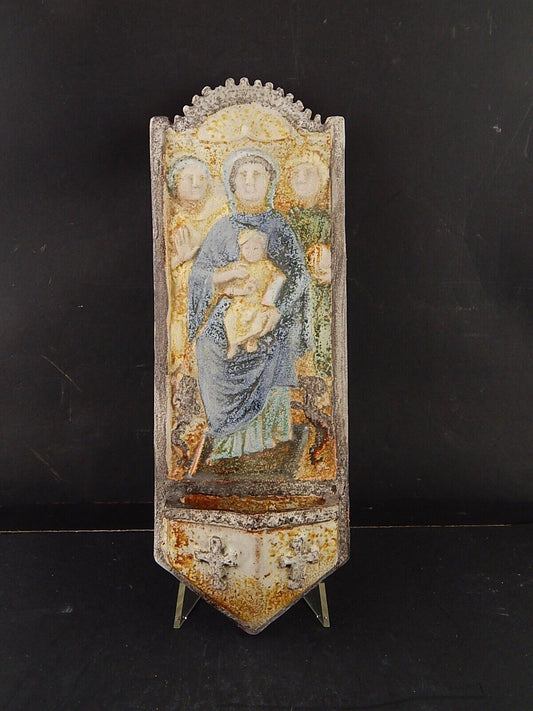 ARTE SACRA VINTAGE PREZIOSA ACQUASANTIERA CERAMICA MAIOLICA STUDIO POGGI FAENZA