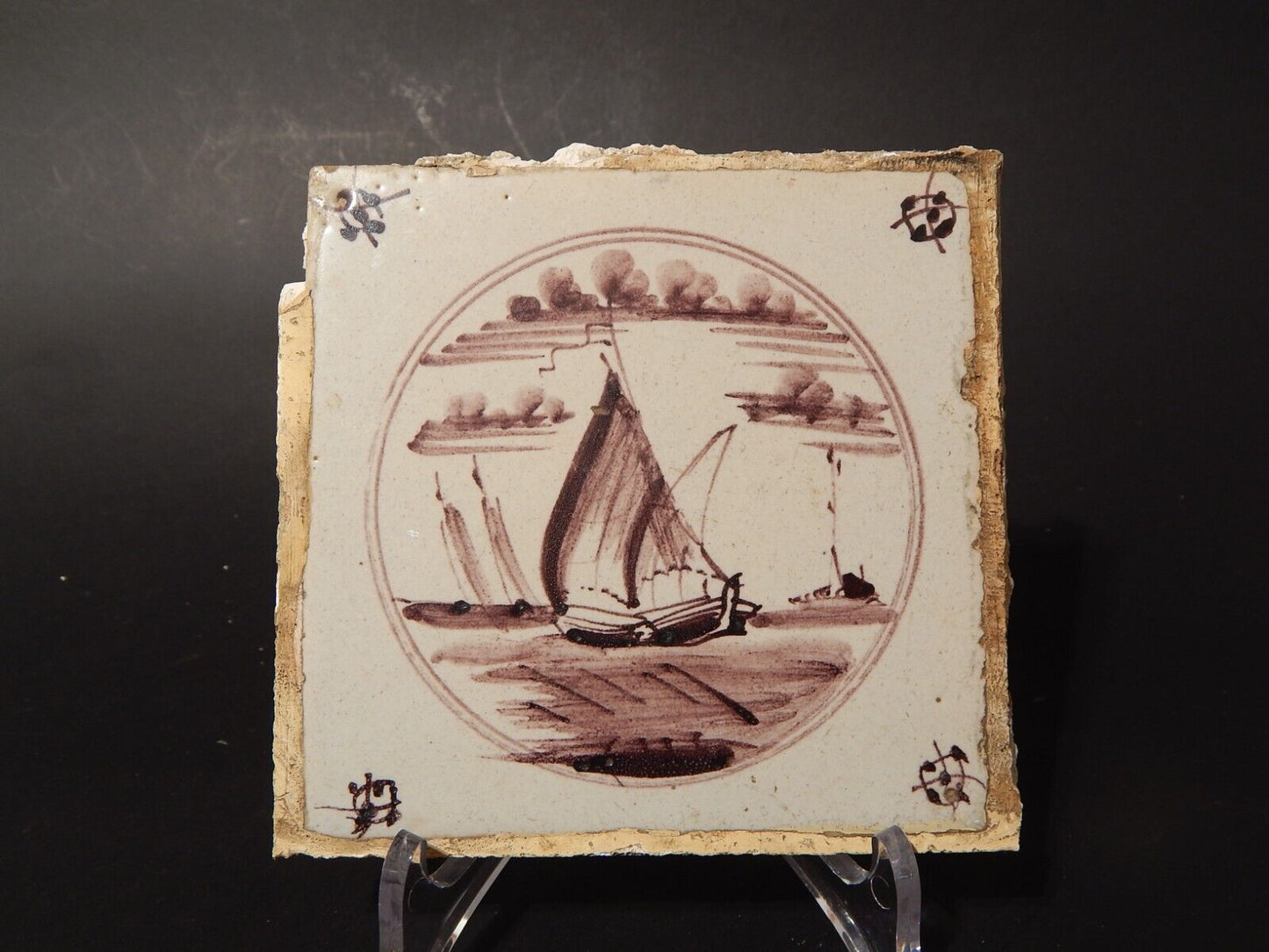 ANTICA PIASTRELLA MATTONELLA CERAMICA DELFT DEL 1700 DECORO AL MANGANESE (478)