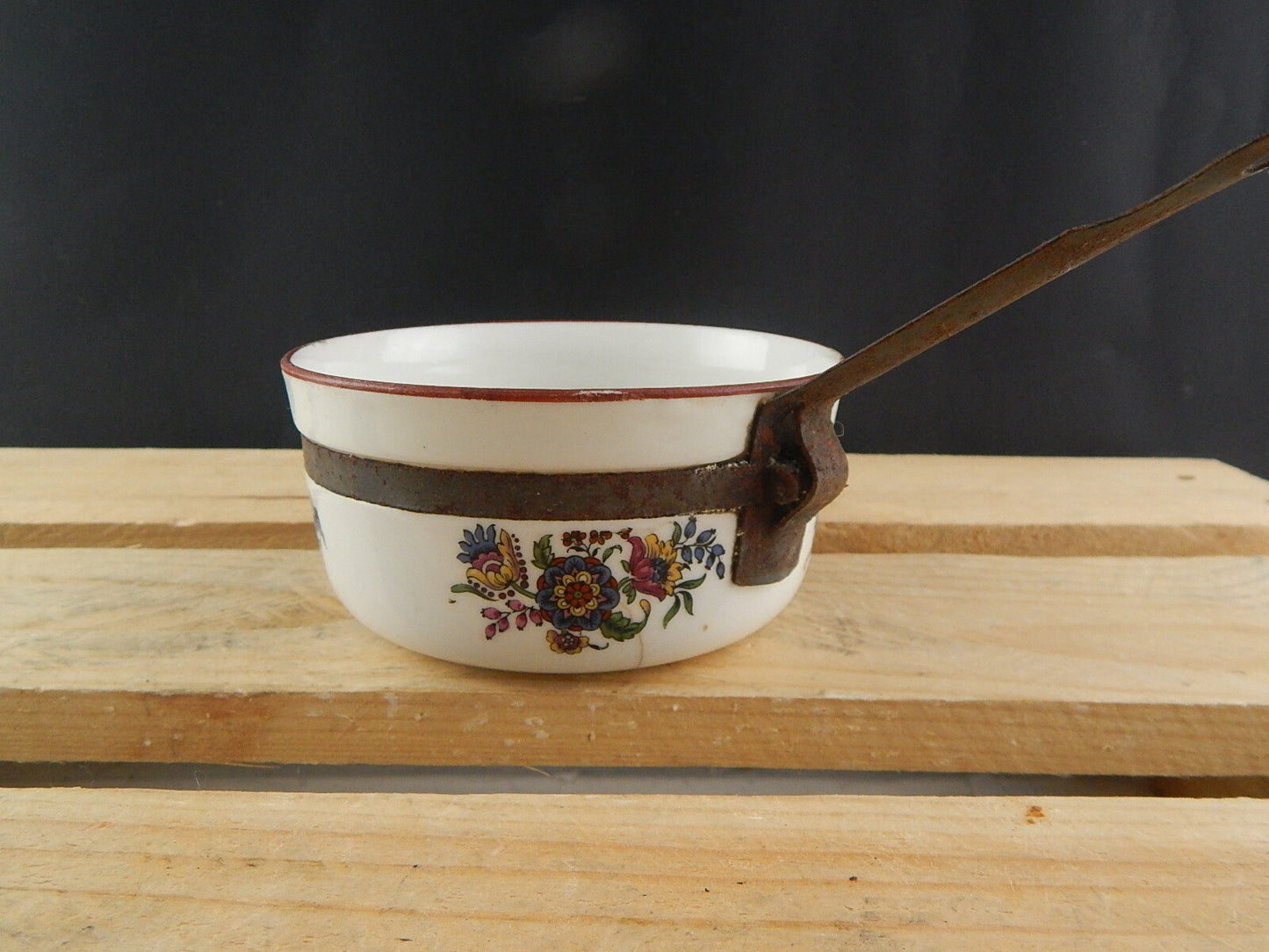 ANTICO INTROVABILE TEGAME PENTOLINO CERAMICA SMALTATA DECORO FLOREALE COLLEZIONE