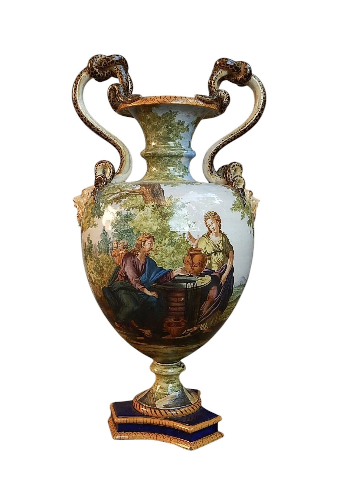 IMPORTANTE VASO MAIOLICA SMALTATA GINORI DOCCIA SCENA BIBLICA SECONDA META' 1800
