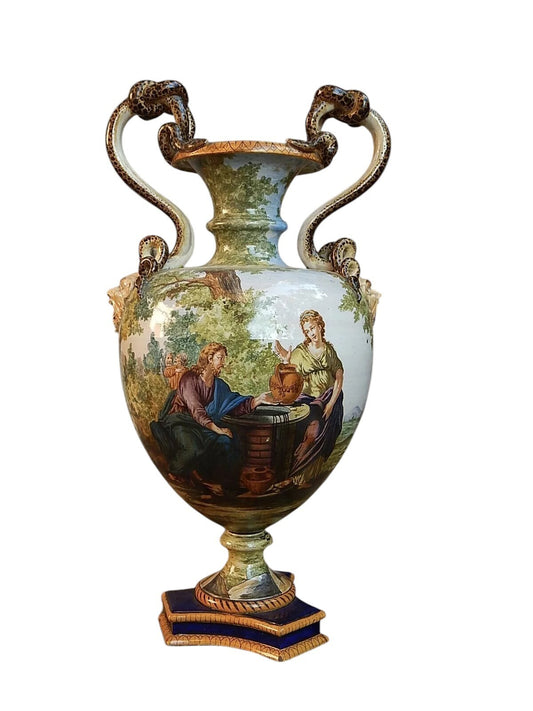 IMPORTANTE VASO MAIOLICA SMALTATA GINORI DOCCIA SCENA BIBLICA SECONDA META' 1800