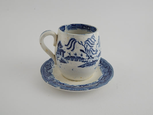 ANTICA MOSTARDIERA SALSIERA CERAMICA POTTERY INGLESE WILLOW COLONIALE META' 1800