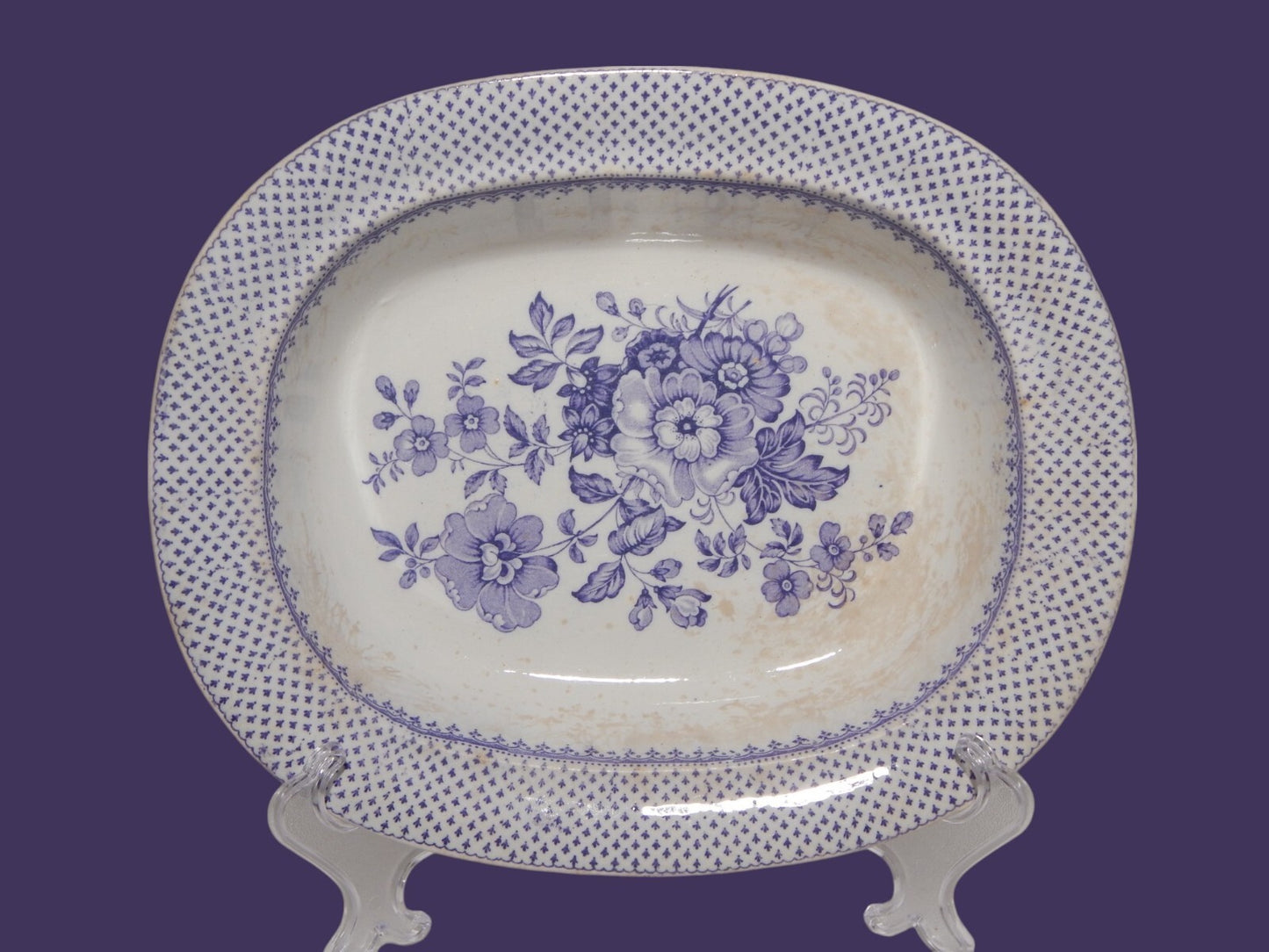 ANTICO VASSOIO FONDO CERAMICA STAFFORDSHIRE PRIMAVESI 1860 ERMINE BORDER VIOLA