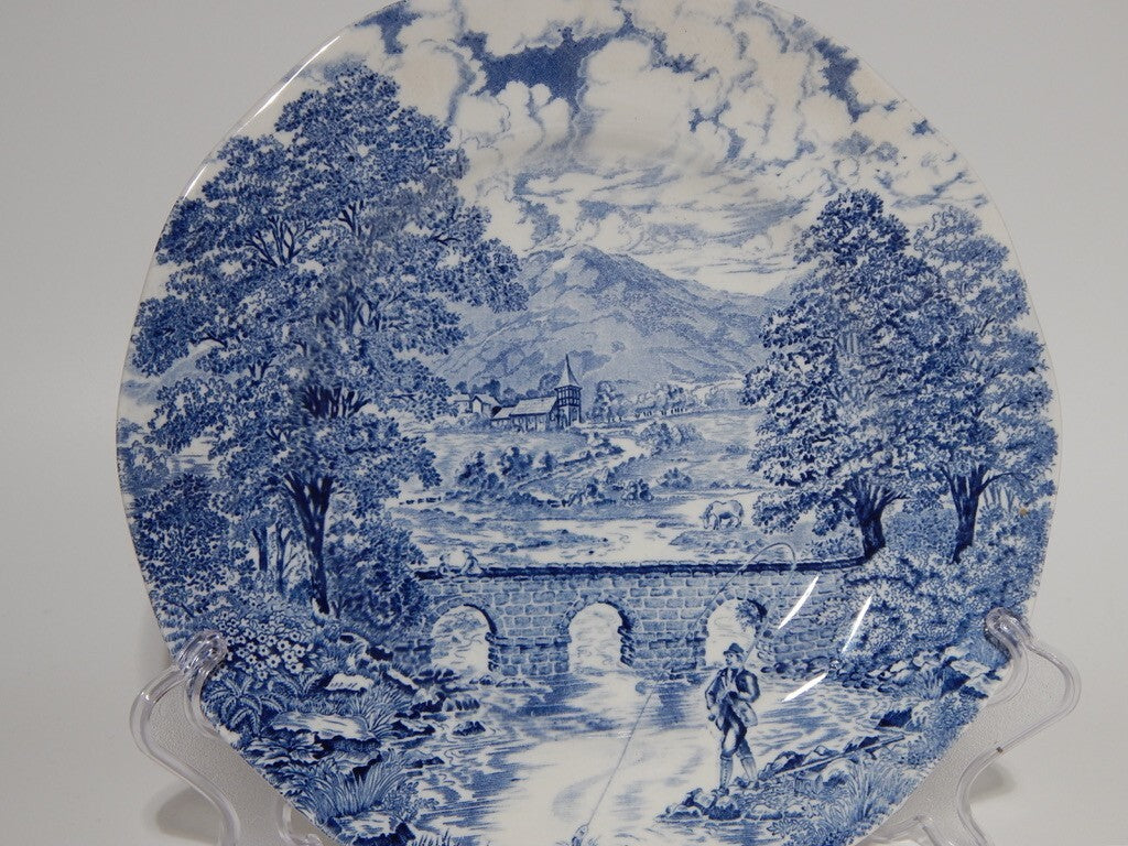 ANTICA PIATTO INGLESE CROWN DUCAL SEMI PORCELLANA BRIDGE SCENES BIANCO BLU