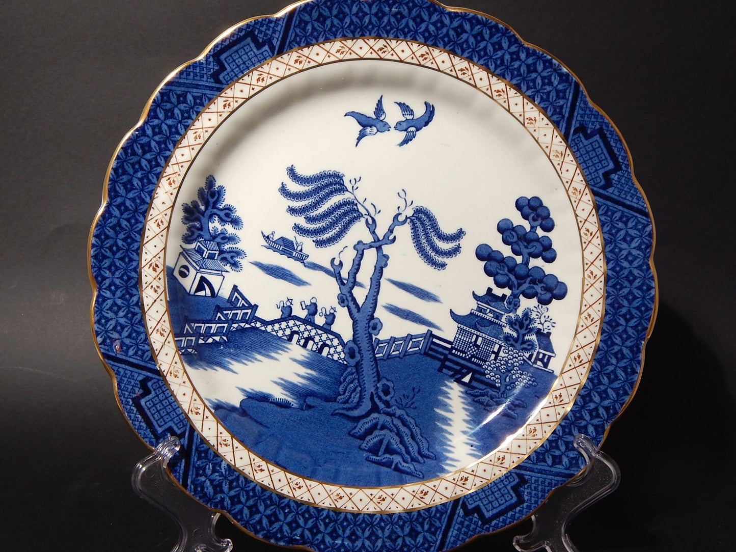 ANTICO REAL OLD WILLOW BOOTHS VASSOIO PORCELLANA INGLESE BIANCO BLU E ORO CM. 30