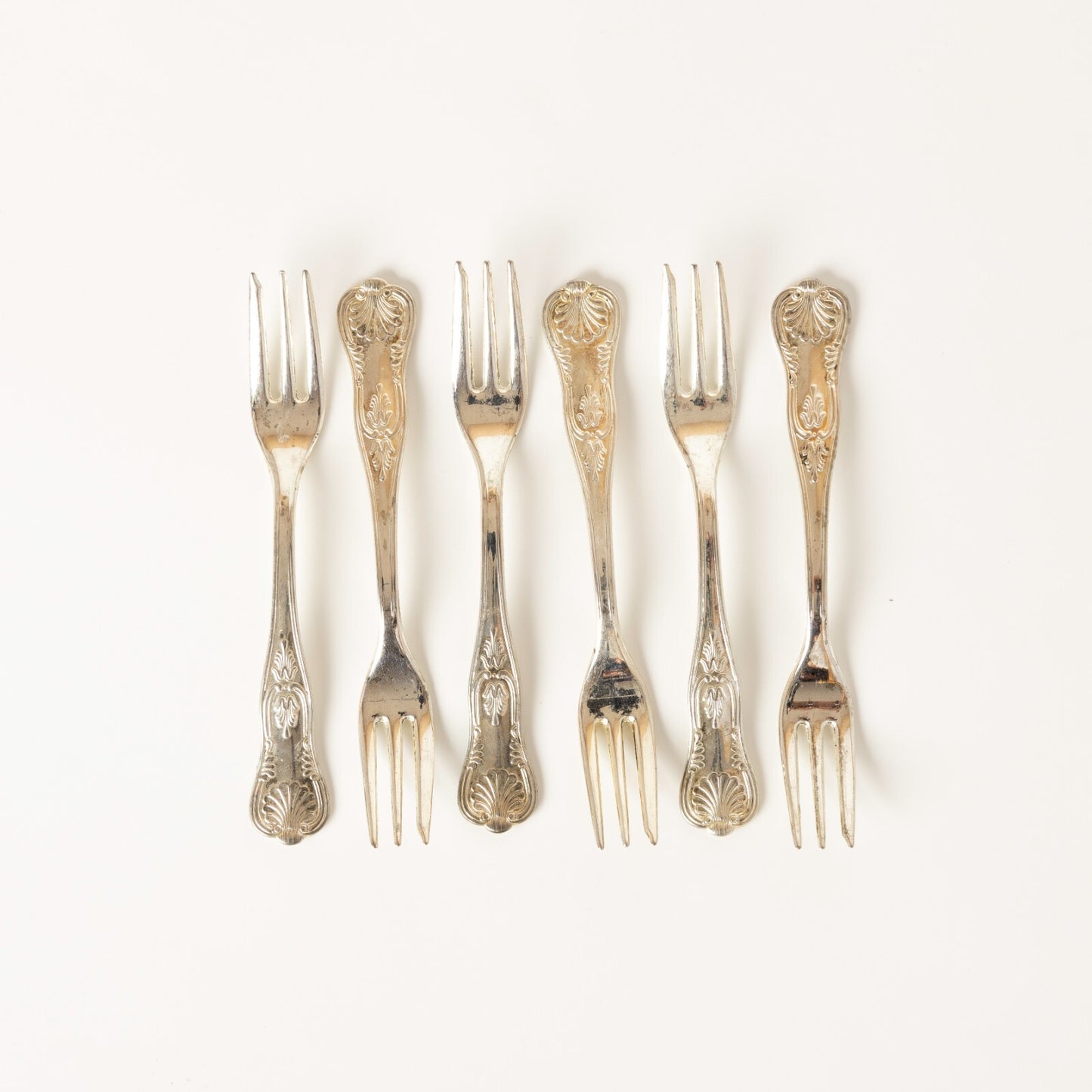 VINTAGE SET 6 FORCHETTE TORTA ARGENTATE ARG. 800 STILE ROCAILLE CONCHIGLIA